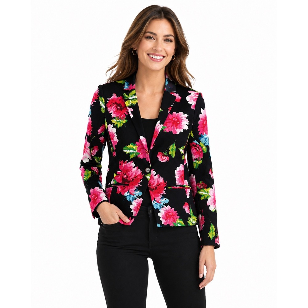 XOXO Women Black Pink Floral Single Button Blazer Jacket Size M 5520CTP8 NWT